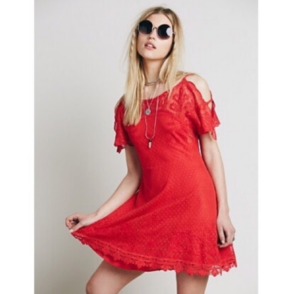 Free People red lace cold shoulder dress